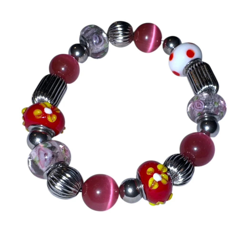 Boho Maximalist Bead Stretch Bracelet Pink Red Lampwork Cat's Eye Whimsy Y2K